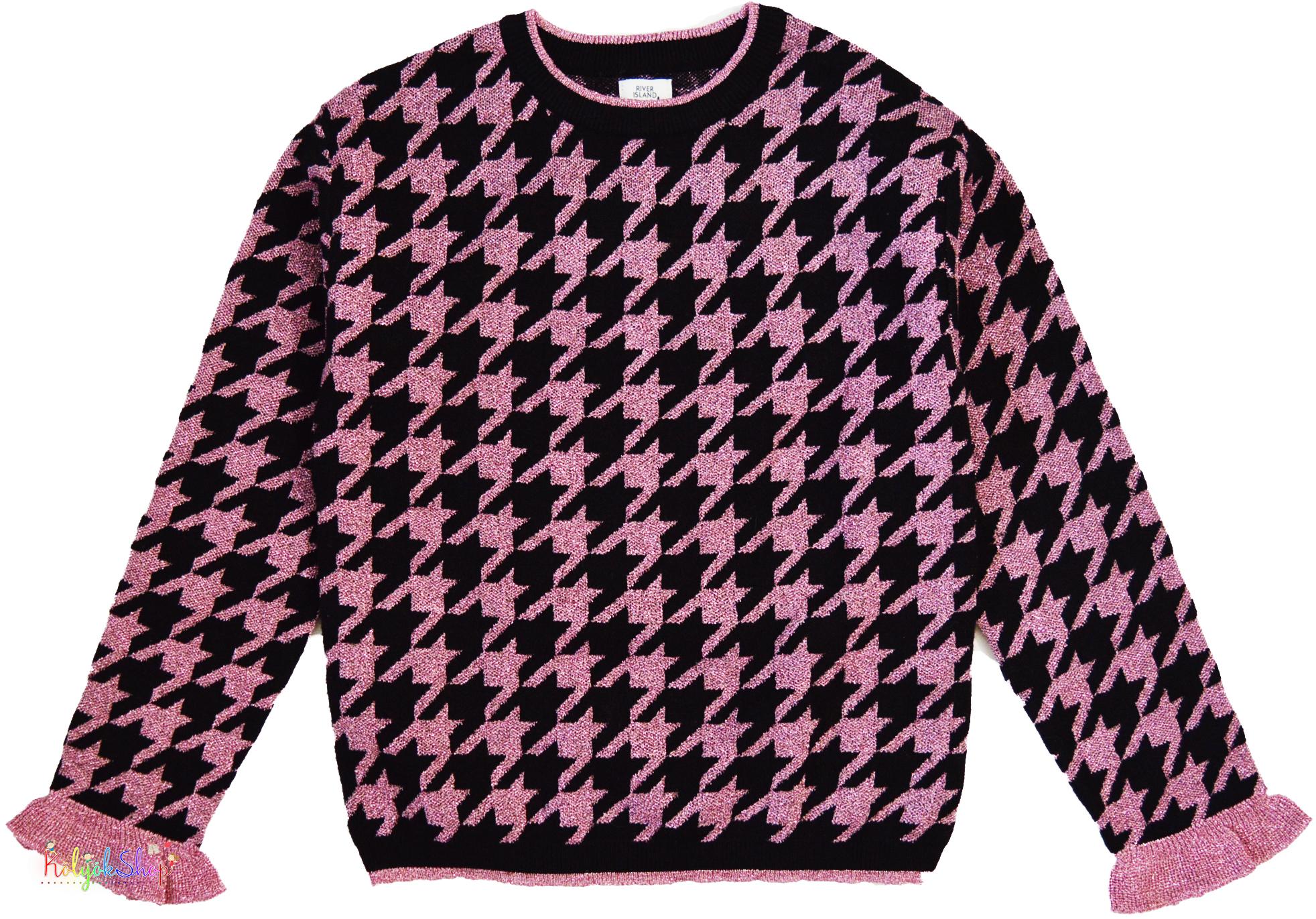 River Island csillogó rózsaszín-fekete káró mintás kötött pulóver 7-8év 6-Új