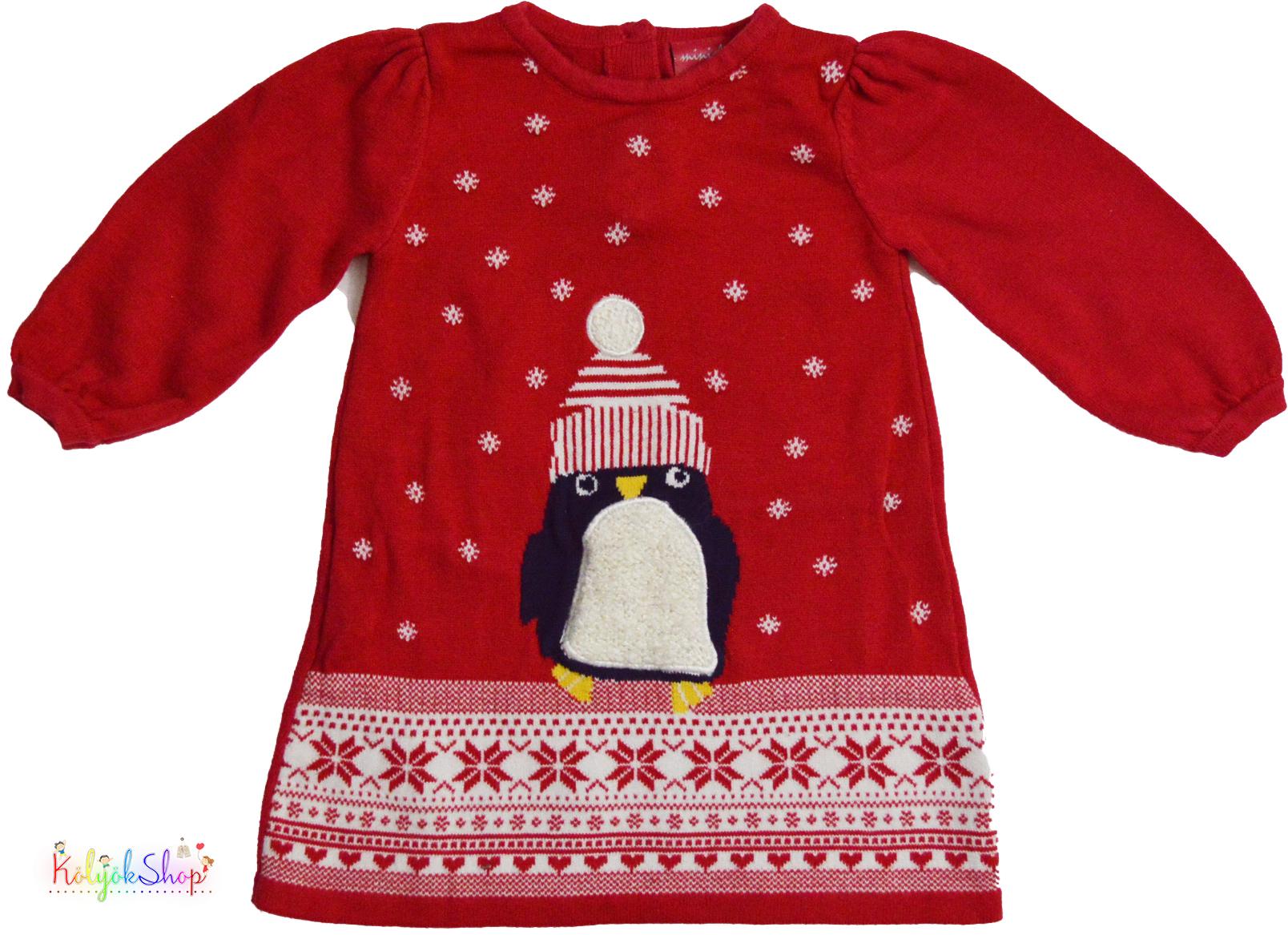 Mini Club pingvines piros gépi kötött ruha 74 4-Hibátlan