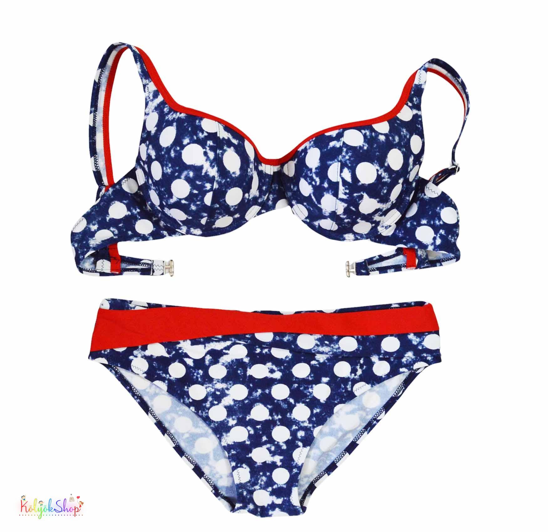 S&S pöttyös sötétkék-piros bikini L 6-Új