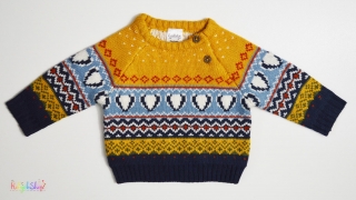 Mintás mustár-kék kötött pulóver 56 5-Újszerű
