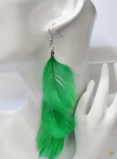 Zöld tollas ezüst színű fülbevaló 14cm