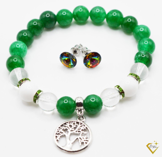 Tree of life green jade karkötő+ színváltó kristály fülbevaló szett